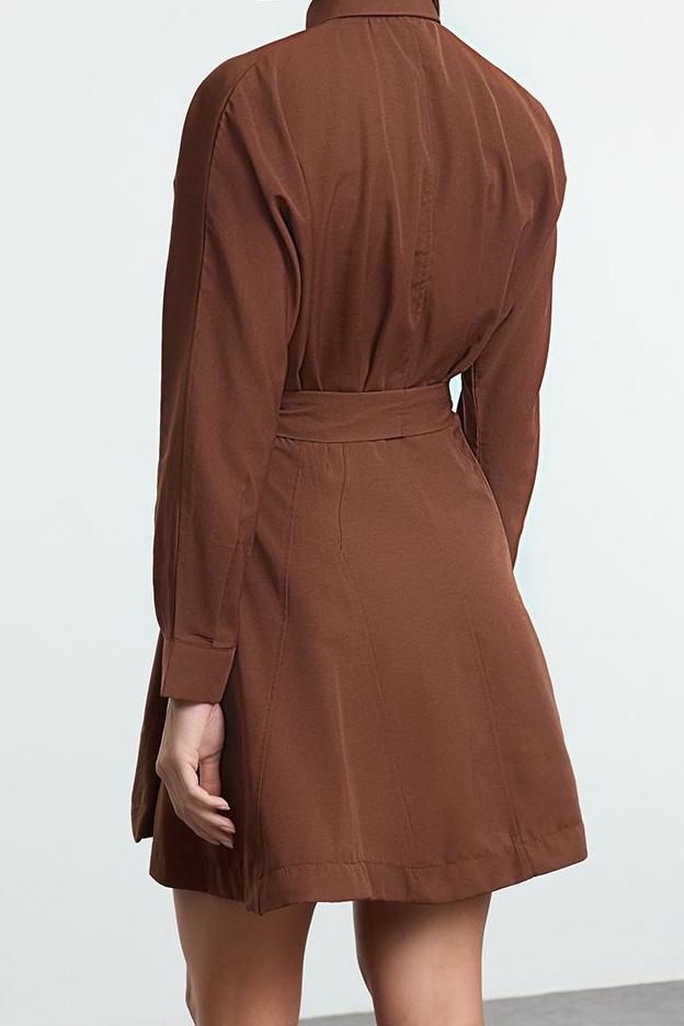 Moda Stil Regular Gömlek Yaka Mini Boy Kuşaklı Çizgili Dokuma Gömlek Elbise