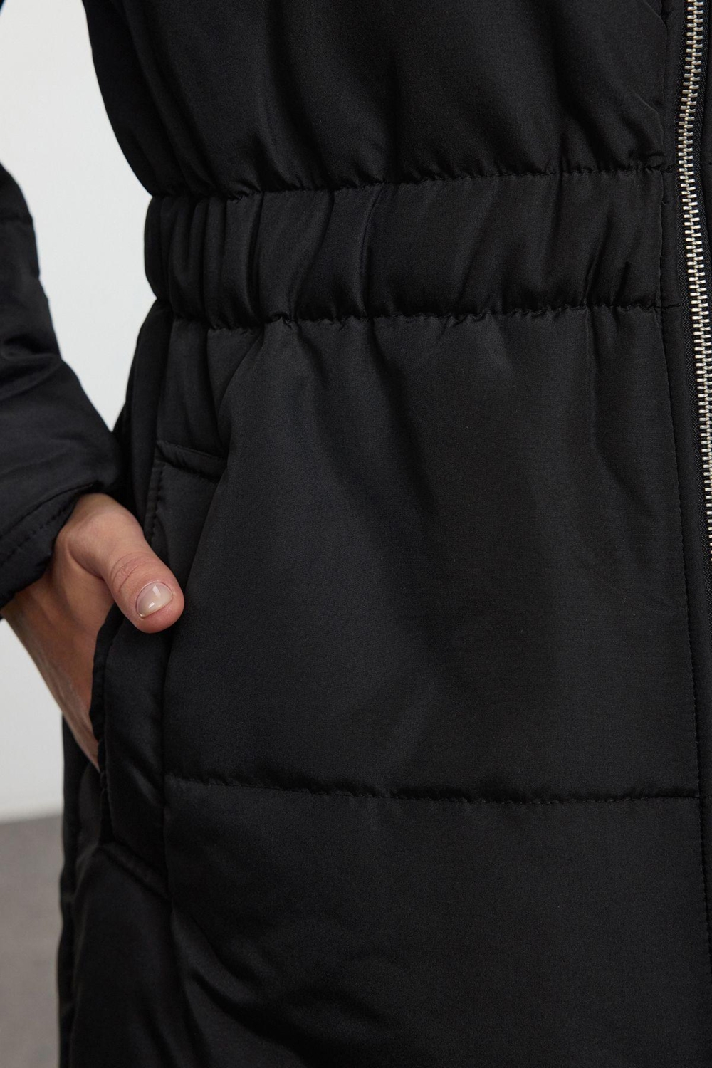 Tasarım Düz Astarlı Yaka Uzun Oversize Dik Kadın Oversize Kapüşonlu Beli Lastikli Uzun Mont
