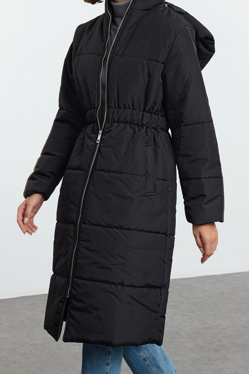 Tasarım Düz Astarlı Yaka Uzun Oversize Dik Kadın Oversize Kapüşonlu Beli Lastikli Uzun Mont