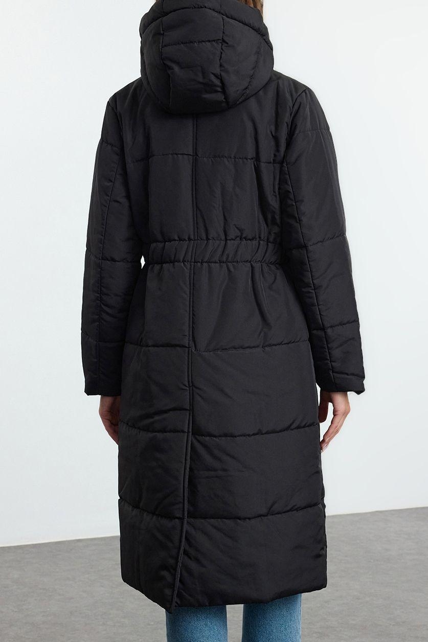 Tasarım Düz Astarlı Yaka Uzun Oversize Dik Kadın Oversize Kapüşonlu Beli Lastikli Uzun Mont