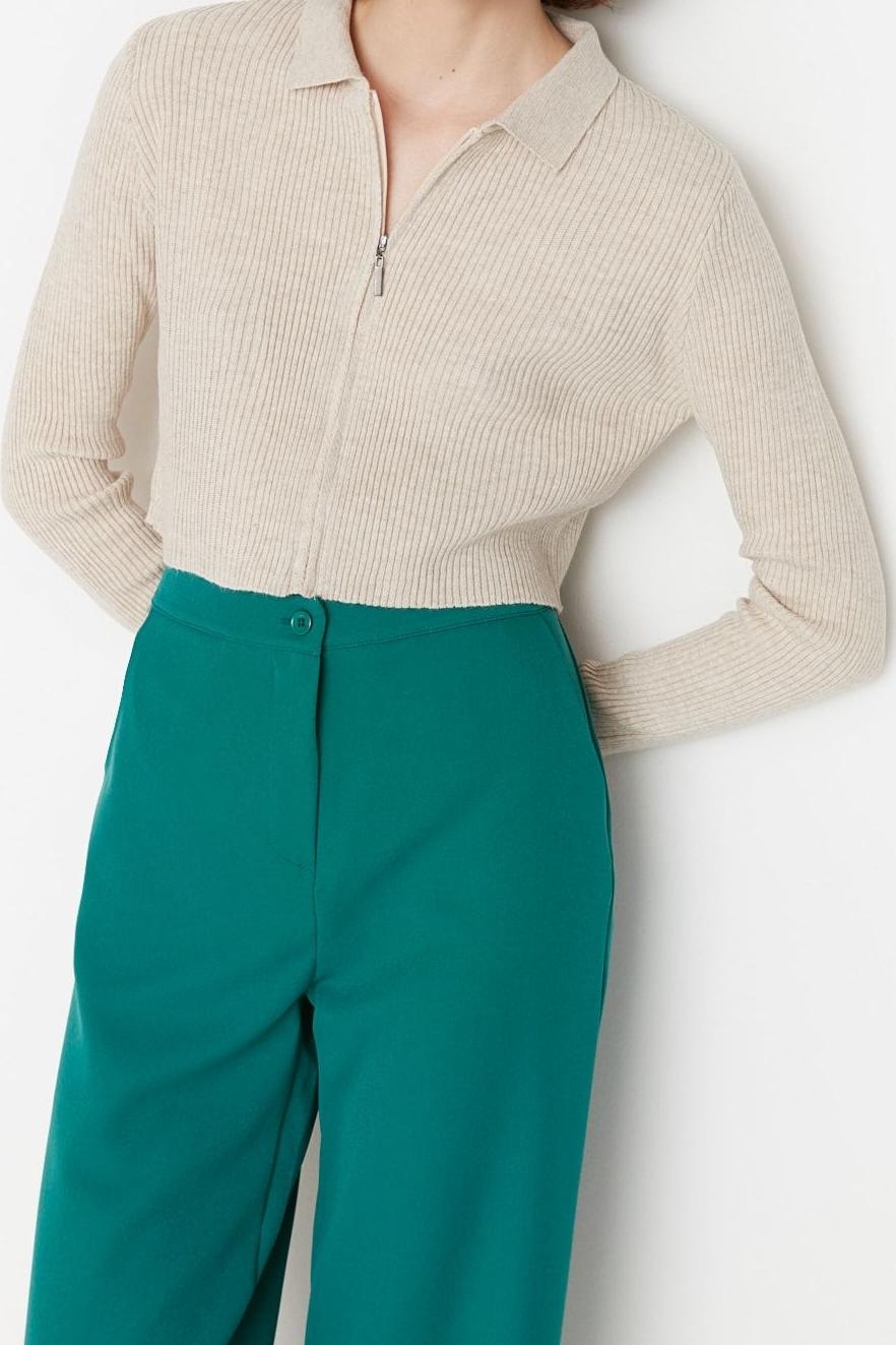 Kadın Modern Tarz Slim Polo Yaka Crop Triko Hırka