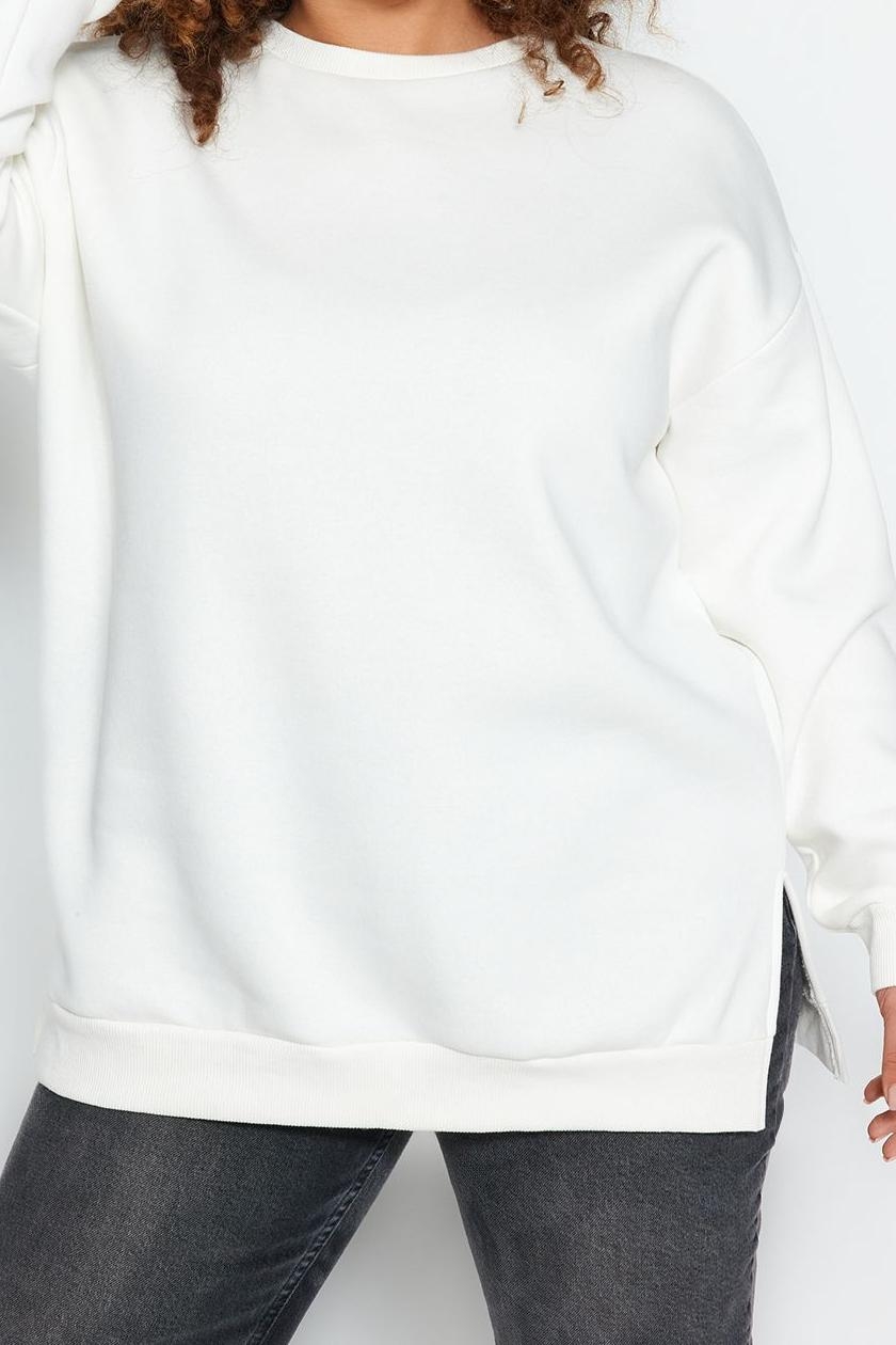 Büyük Beden Oversize Bisiklet Yaka Standart Kol Kalın İçi Polarlı Yırtmaçlı Örme Sweatshirt