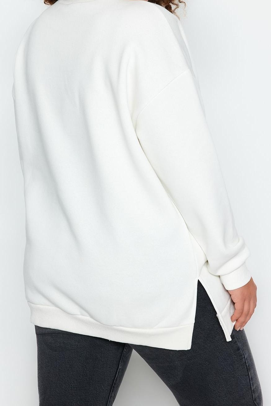Büyük Beden Oversize Bisiklet Yaka Standart Kol Kalın İçi Polarlı Yırtmaçlı Örme Sweatshirt