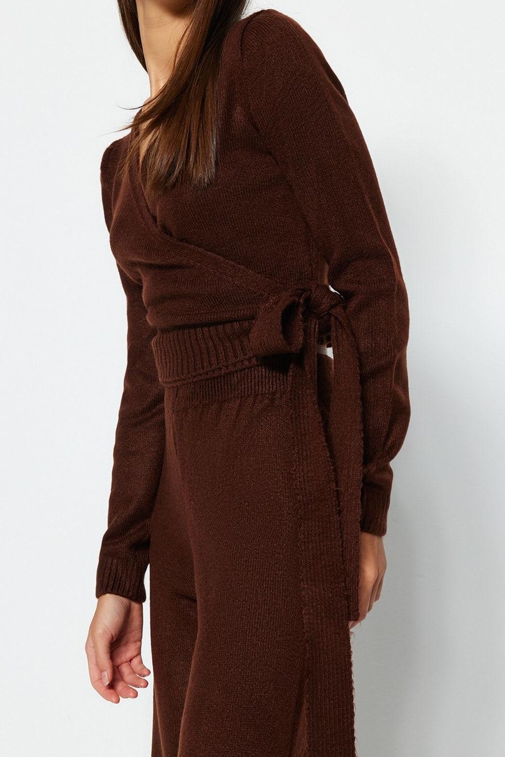 Tarz Kadın Modern Moda Normal Bel Boru Paça V Yaka Crop Kruvaze Bağlama Detaylı Triko Alt-Üst Takım