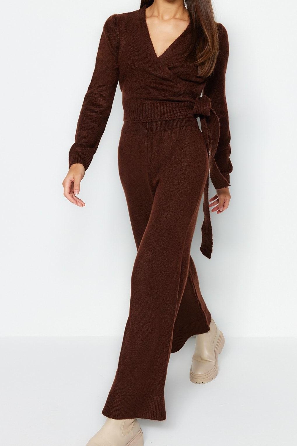Tarz Kadın Modern Moda Normal Bel Boru Paça V Yaka Crop Kruvaze Bağlama Detaylı Triko Alt-Üst Takım