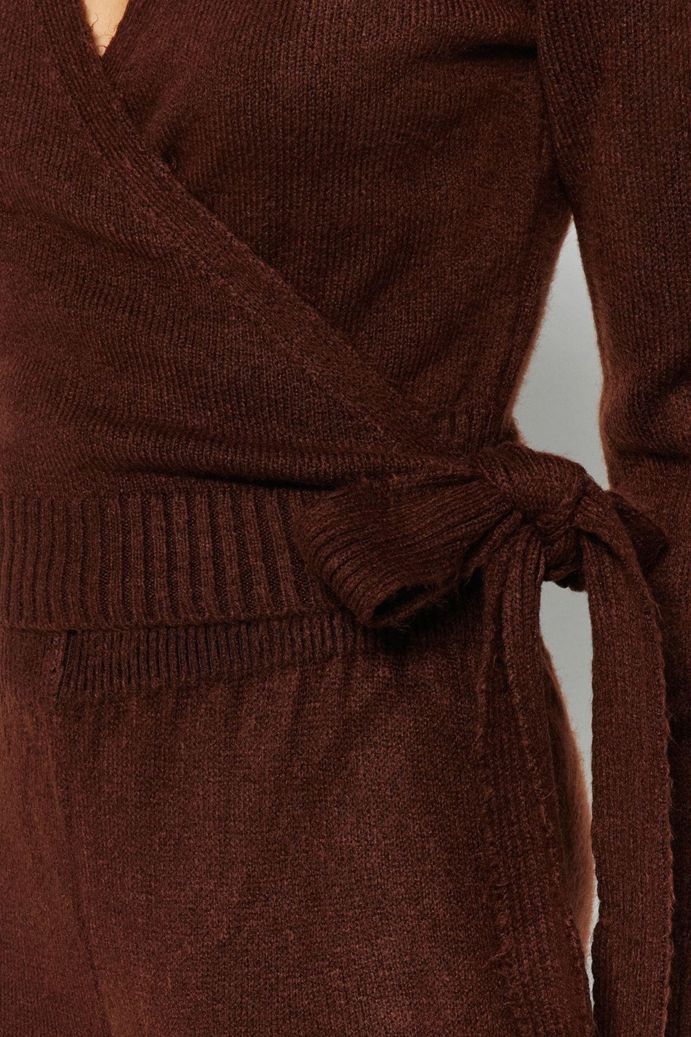 Tarz Kadın Modern Moda Normal Bel Boru Paça V Yaka Crop Kruvaze Bağlama Detaylı Triko Alt-Üst Takım