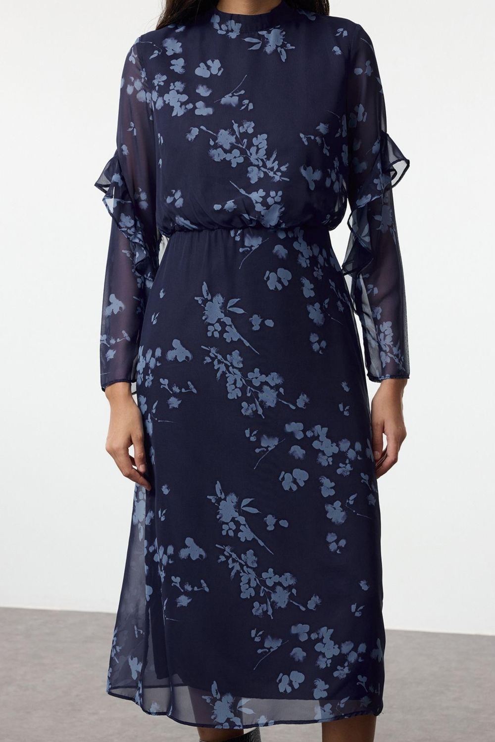 Moda Stil Regular Dik Yaka Midi Boy Çiçekli A Kesim Dokuma Kışlık Elbise