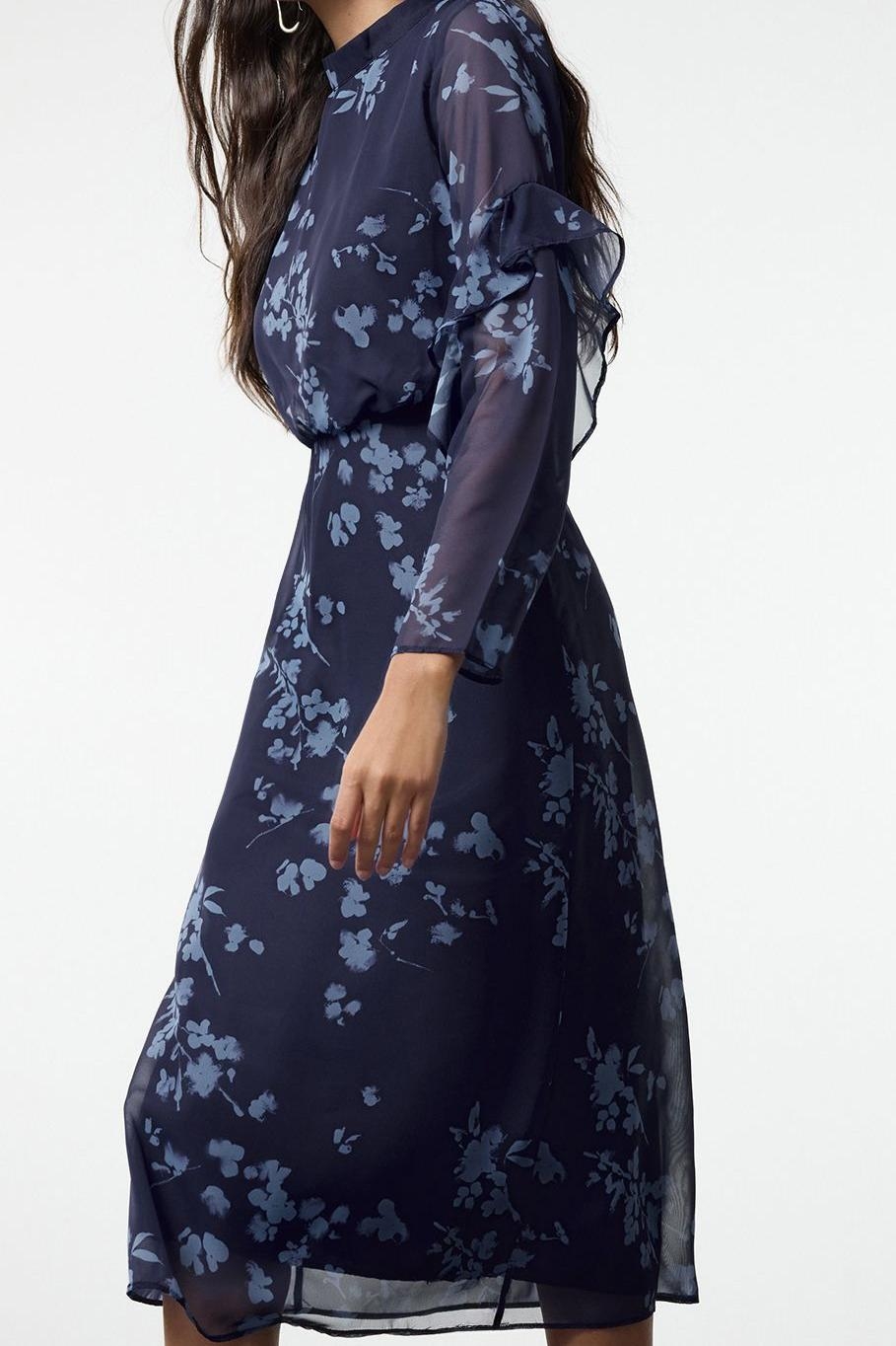 Moda Stil Regular Dik Yaka Midi Boy Çiçekli A Kesim Dokuma Kışlık Elbise