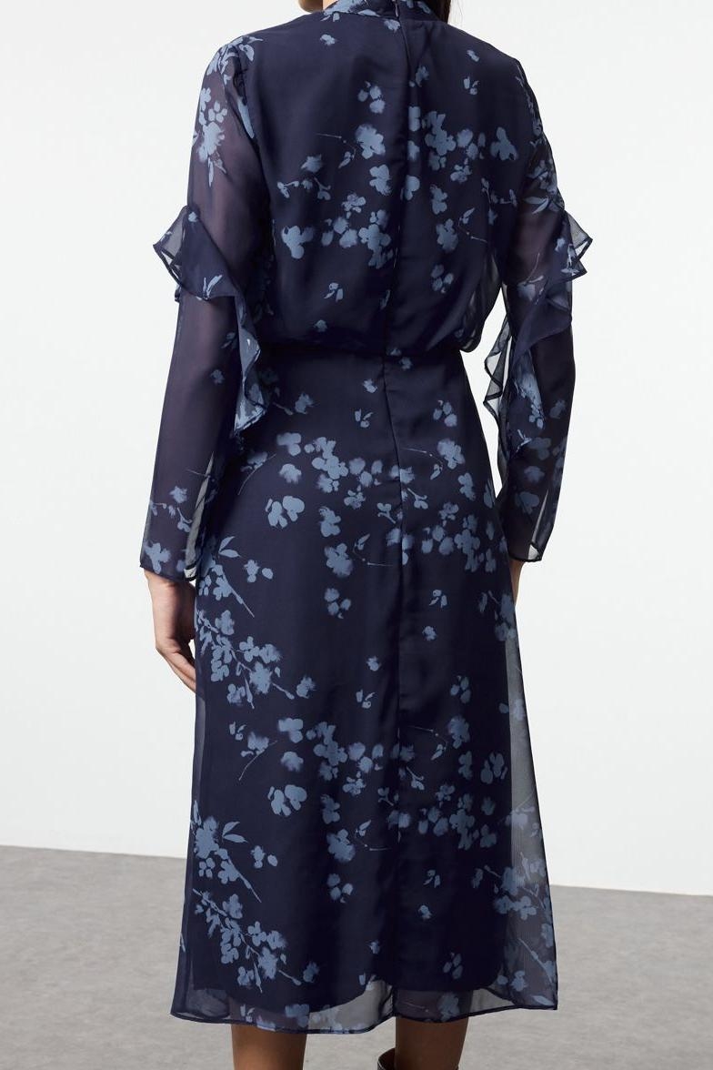 Moda Stil Regular Dik Yaka Midi Boy Çiçekli A Kesim Dokuma Kışlık Elbise