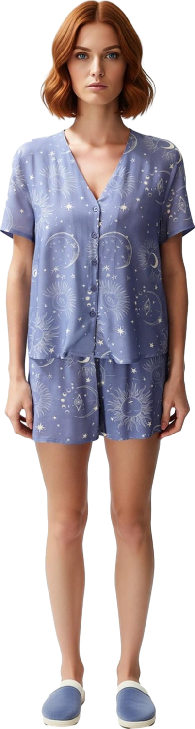Kadın Galaksi Baskılı Viskon Pijama Takımı Gömlek ve Şort Fonksiyonel Dayanıklı Kaliteli Şık
