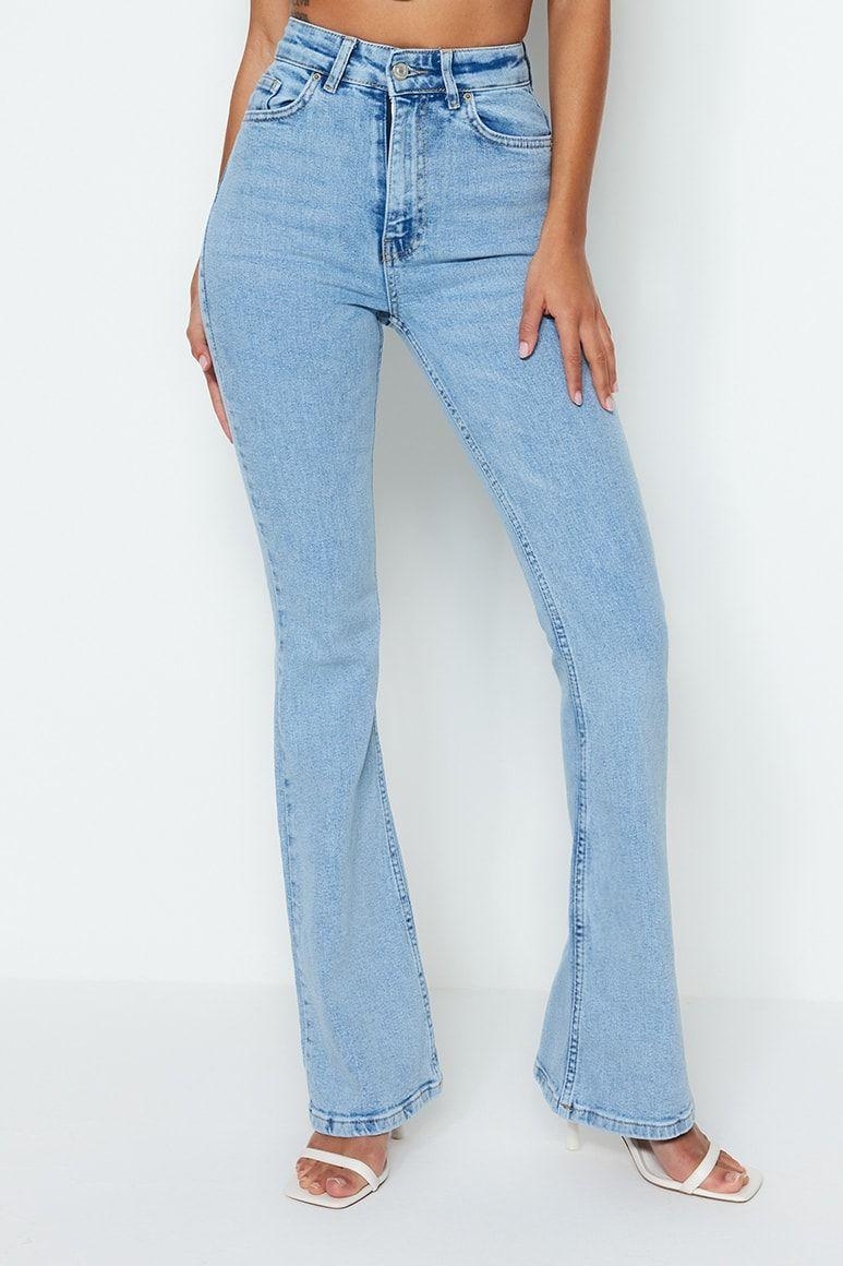 Kadın Yüksek Bel İspanyol Paça Koyu Denim Pantolon Fonksiyonel Dayanıklı Kaliteli Konforlu
