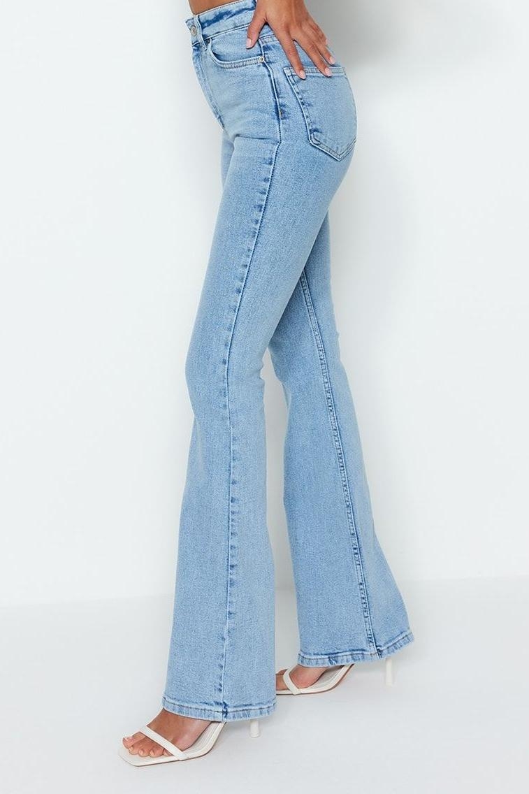 Kadın Yüksek Bel İspanyol Paça Koyu Denim Pantolon Fonksiyonel Dayanıklı Kaliteli Konforlu