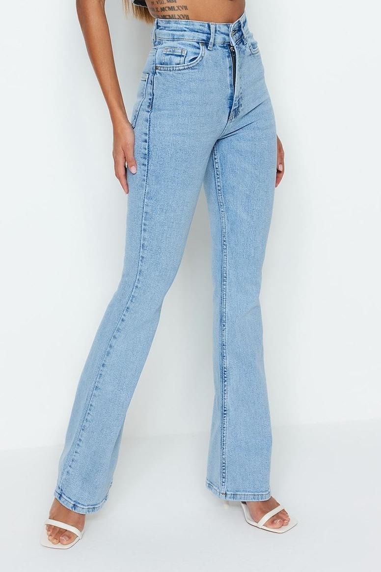 Kadın Yüksek Bel İspanyol Paça Koyu Denim Pantolon Fonksiyonel Dayanıklı Kaliteli Konforlu