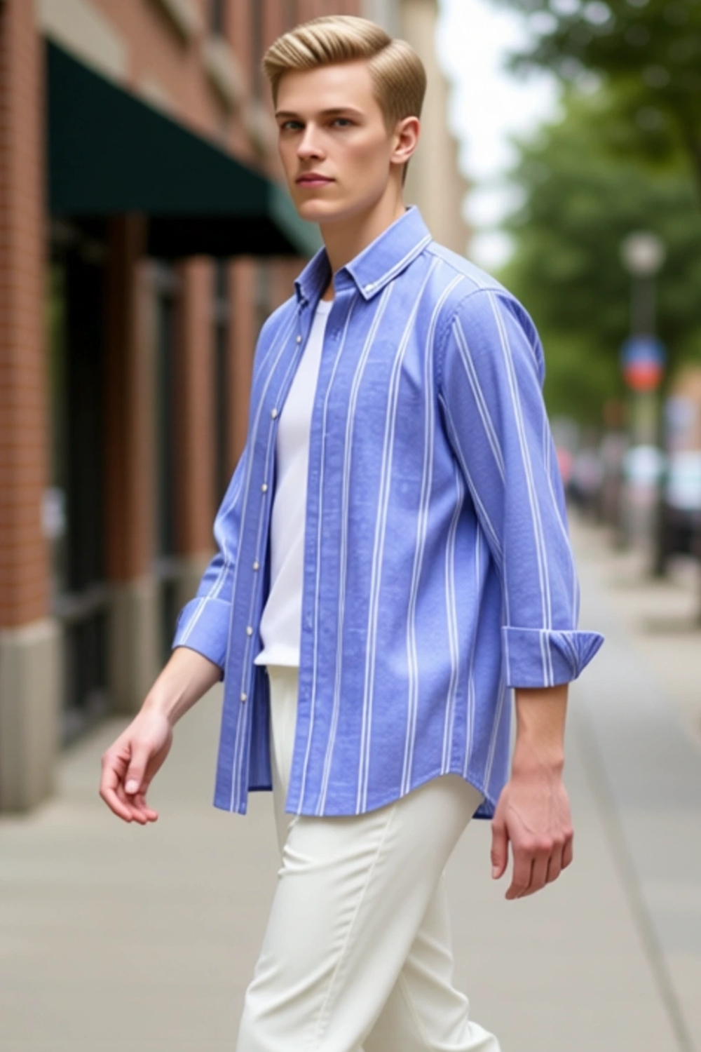 Erkek Çizgili Düğmeli Yaka Slim Fit Gömlek Modern Görünüm Günlük Konfor Şıklık Fonksiyonel