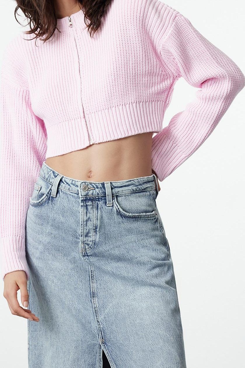 Kadın Modern Tarz Regular Bisiklet Yaka Crop Triko Hırka