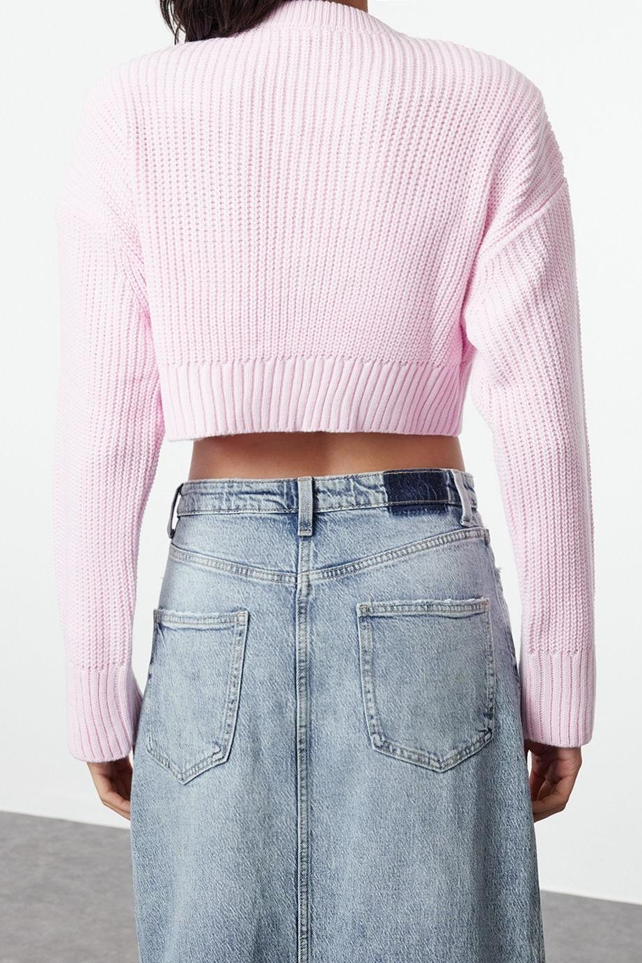 Kadın Modern Tarz Regular Bisiklet Yaka Crop Triko Hırka