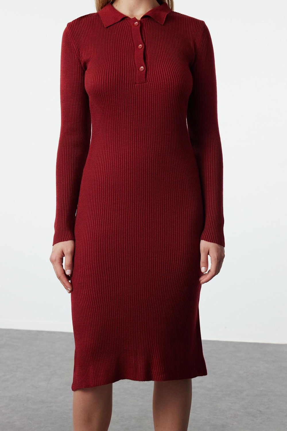 Moda Stil Slim Polo Yaka Midi Boy Triko Elbise