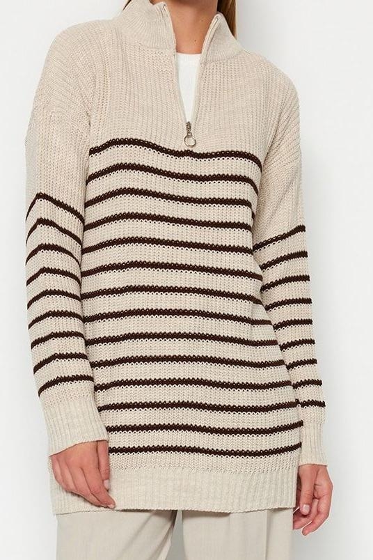 Stil Modern Kadın Midi Düşük Kol Yarım Balıkçı Yaka Tesettür Çizgili Fermuar Detaylı Triko Kazak