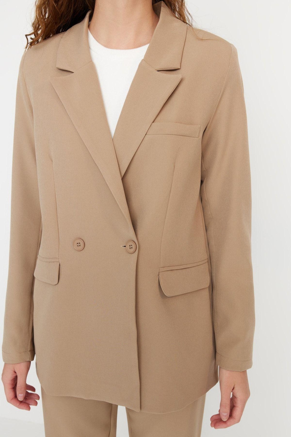 Tarz Kadın Modern Moda Yüksek Bel Boru Paça Ceket Yaka Blazer Ceket-Pantolon Dokuma Alt-Üst Takım
