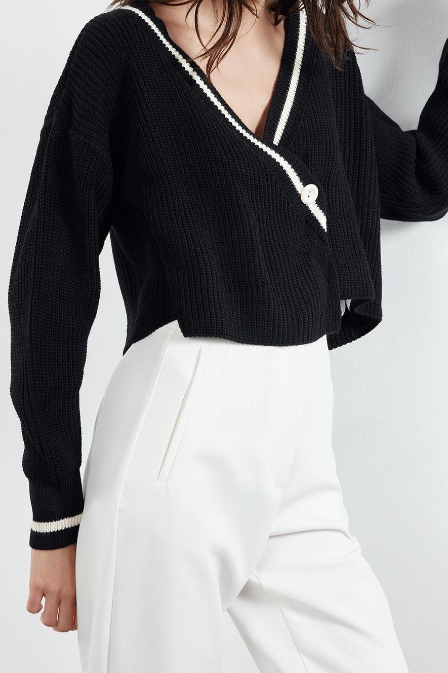 Kadın Modern Tarz Regular Kruvaze Crop Triko Hırka