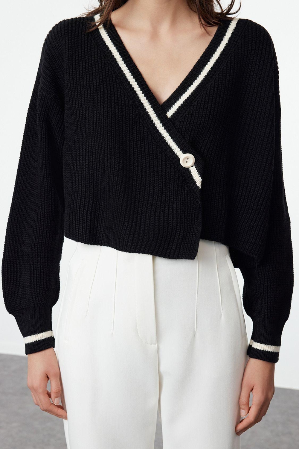 Kadın Modern Tarz Regular Kruvaze Crop Triko Hırka