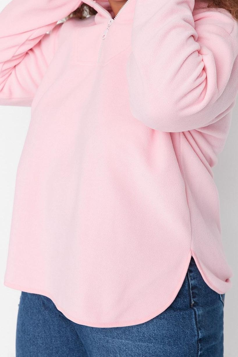 Büyük Beden Tarz Oversize Kapüşonlu Düşük Kol Regular Kalın Polar Örme Sweatshirt
