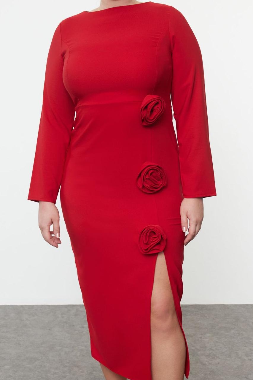 Moda Relaxed Bisiklet Yaka Midi Boy Büyük Beden Kayık Yakalı Yırtmaçlı Güllü Dokuma Elbise