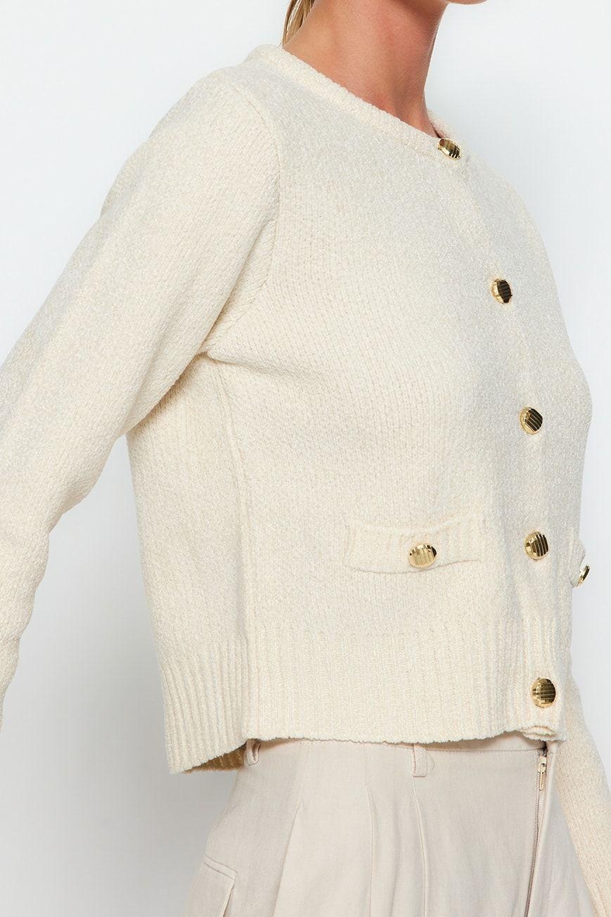 Kadın Modern Tarz Regular Bisiklet Yaka Crop Triko Hırka