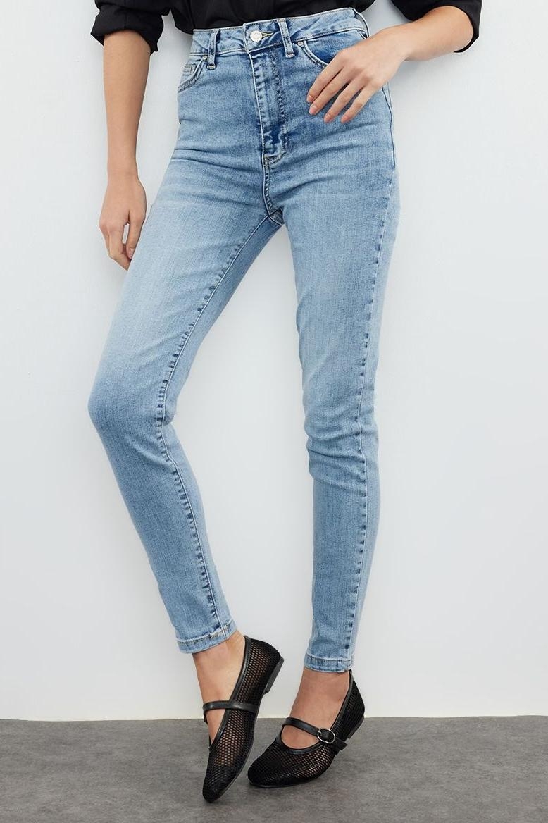 Stil Kadın Moda Denim Kot Pantolon Regular Dar Paça Antrasit Yüksek Bel Skinny Jeans
