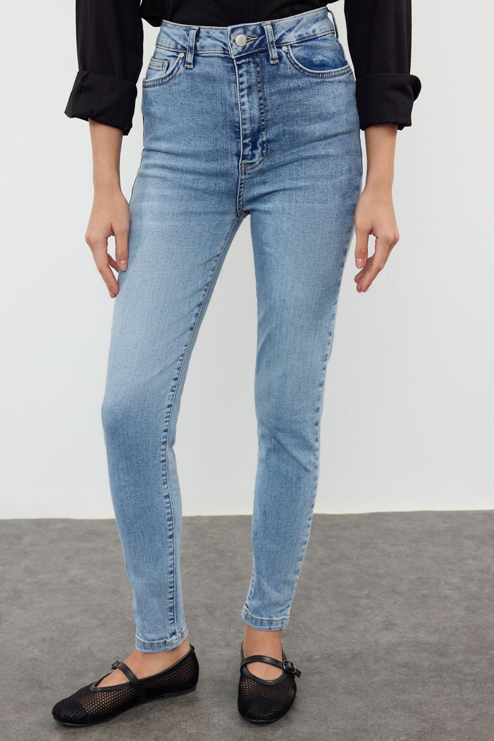 Stil Kadın Moda Denim Kot Pantolon Regular Dar Paça Antrasit Yüksek Bel Skinny Jeans