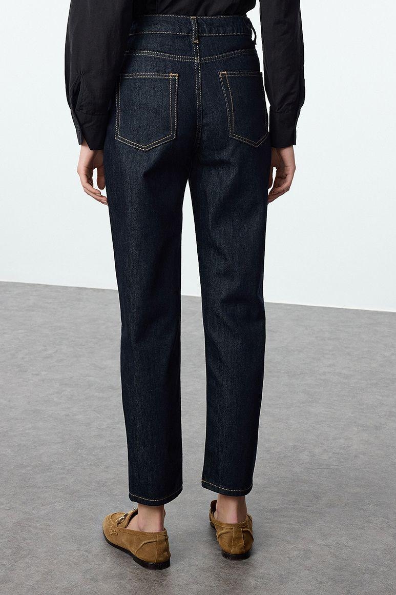 Stil Kadın Moda Denim Kot Pantolon Uzun Boru Paça Yüksek Bel Mom Jeans