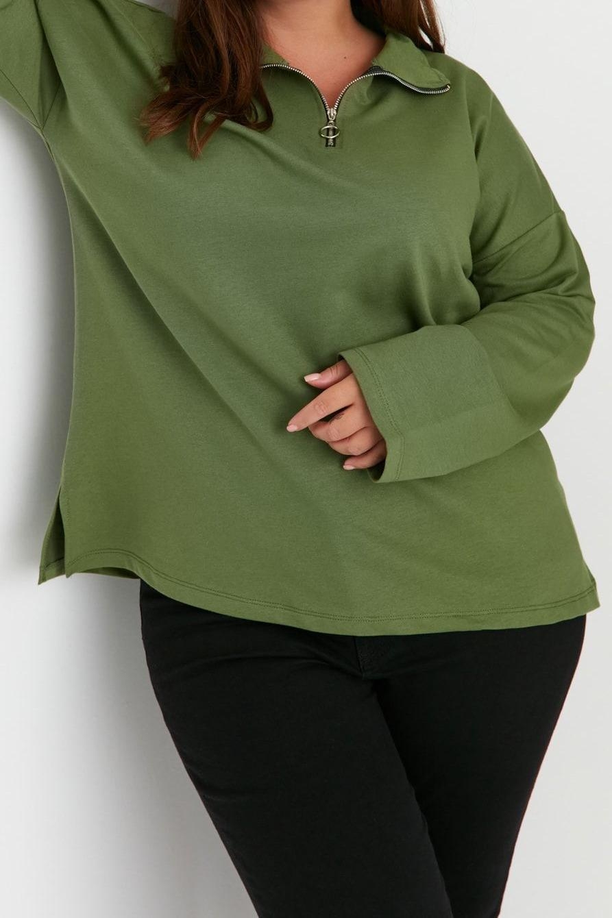 Büyük Beden Oversize Polo Yaka Düşük Kol Regular Fermuarlı Yüksek Yakalı İnce Örme Sweatshirt