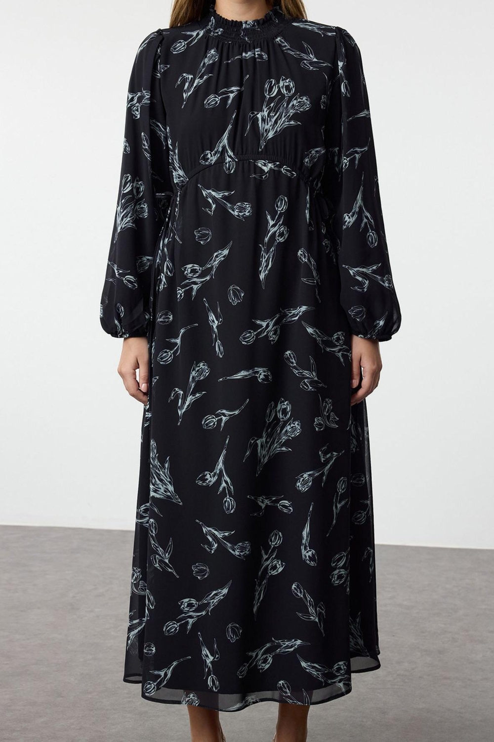 Moda Stil Regular Dik Yaka Maxi Boy Tesettür Şifon Çiçek Desenli Dokuma Elbise