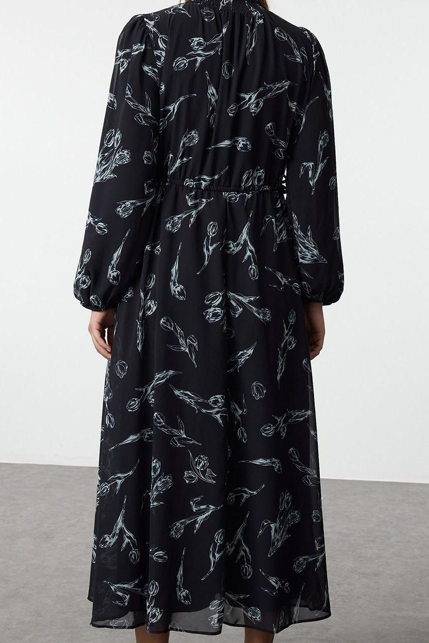 Moda Stil Regular Dik Yaka Maxi Boy Tesettür Şifon Çiçek Desenli Dokuma Elbise