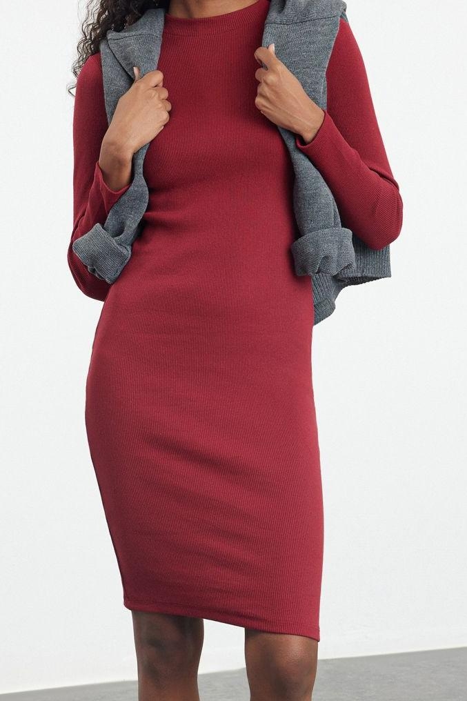 Moda Stil Slim Dik Yaka Midi Boy Fitted Vücuda Oturan Uzun Kollu Fitilli Esnek Örme Elbise