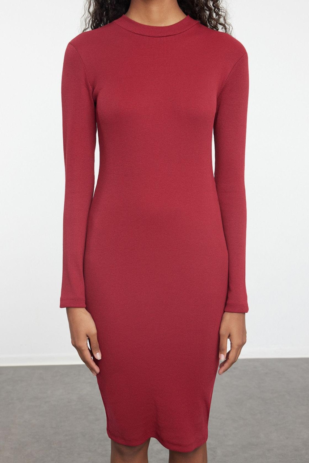 Moda Stil Slim Dik Yaka Midi Boy Fitted Vücuda Oturan Uzun Kollu Fitilli Esnek Örme Elbise