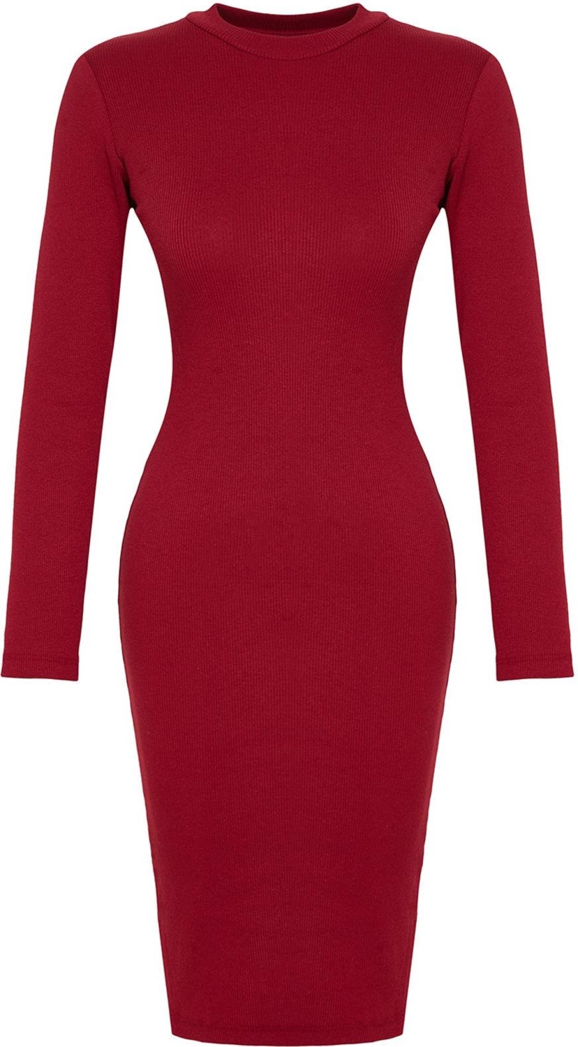 Moda Stil Slim Dik Yaka Midi Boy Fitted Vücuda Oturan Uzun Kollu Fitilli Esnek Örme Elbise