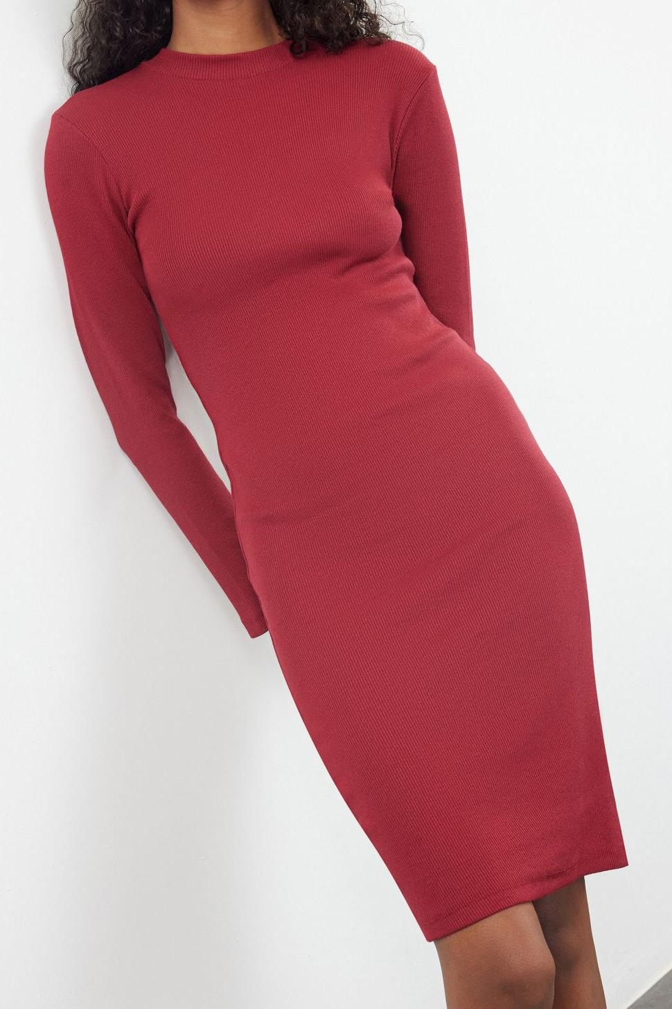 Moda Stil Slim Dik Yaka Midi Boy Fitted Vücuda Oturan Uzun Kollu Fitilli Esnek Örme Elbise