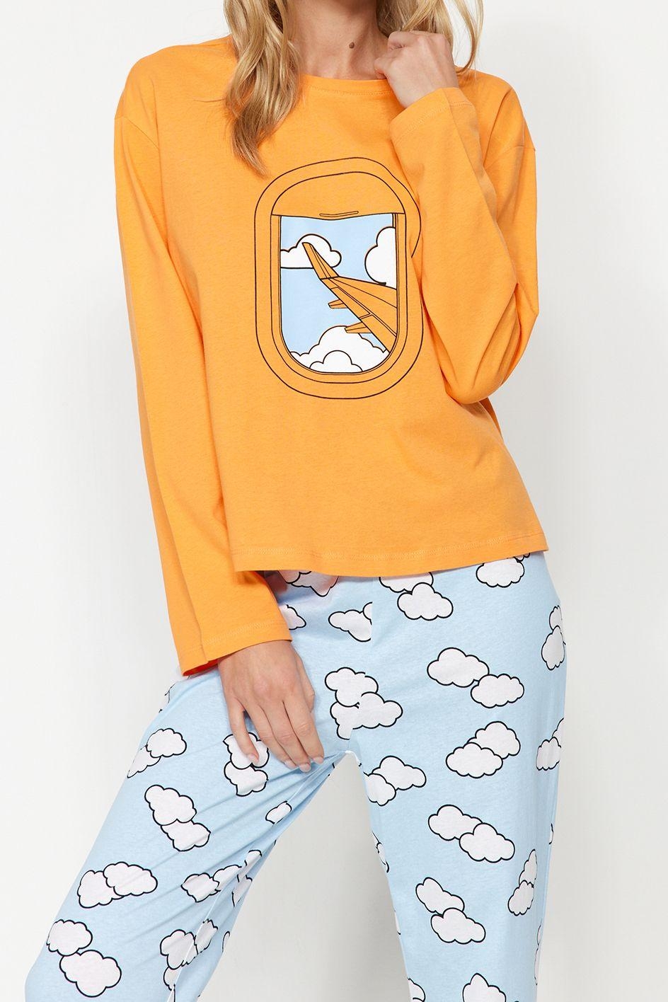 Tarz Rahat Uzun Kollu Lastikli Paça %100 Pamuk Bulut Desenli Tshirt-Jogger Örme Pijama Takımı