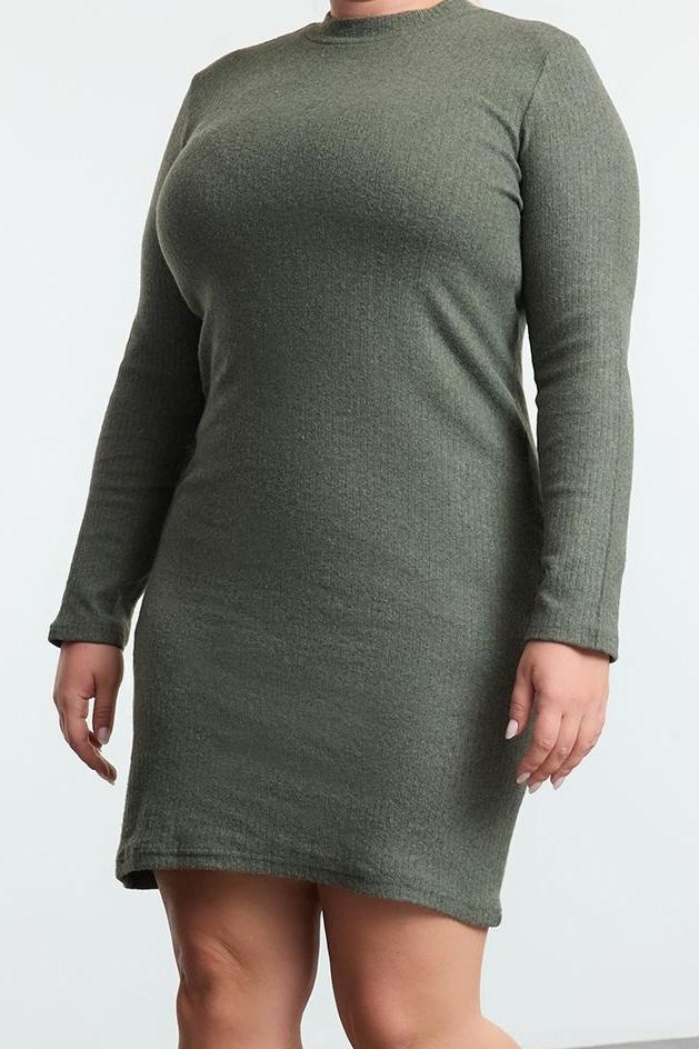 Moda Fitted Bisiklet Yaka Mini Boy Büyük Beden Vücuda Oturan Fitili Kışlık Örme Büyük Beden Elbise