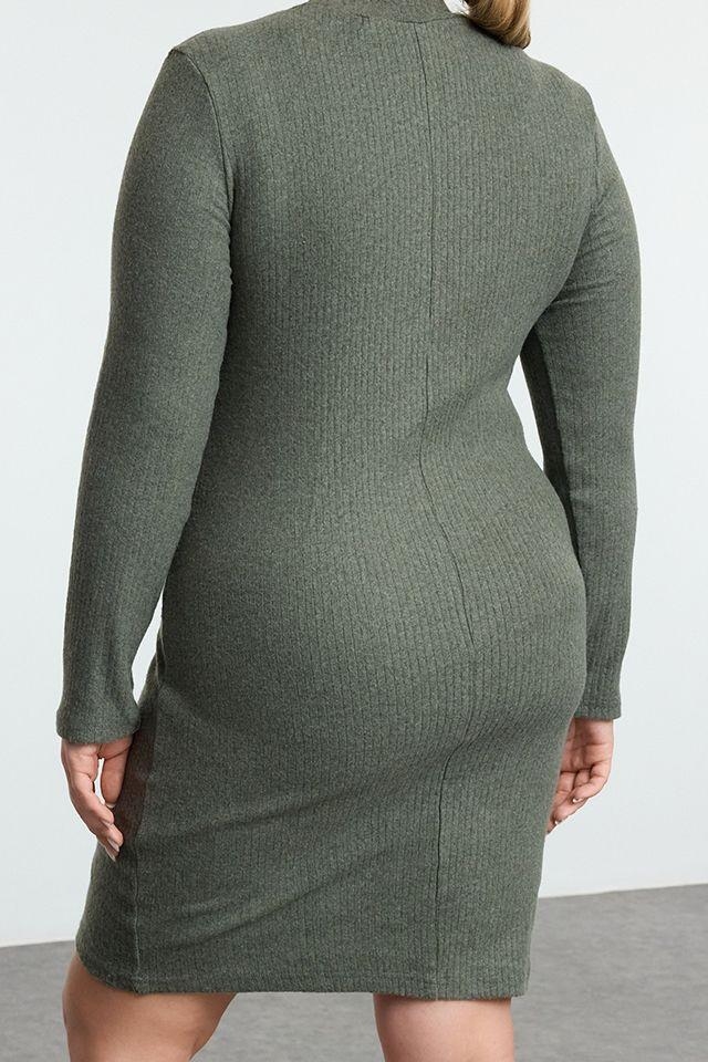Moda Fitted Bisiklet Yaka Mini Boy Büyük Beden Vücuda Oturan Fitili Kışlık Örme Büyük Beden Elbise