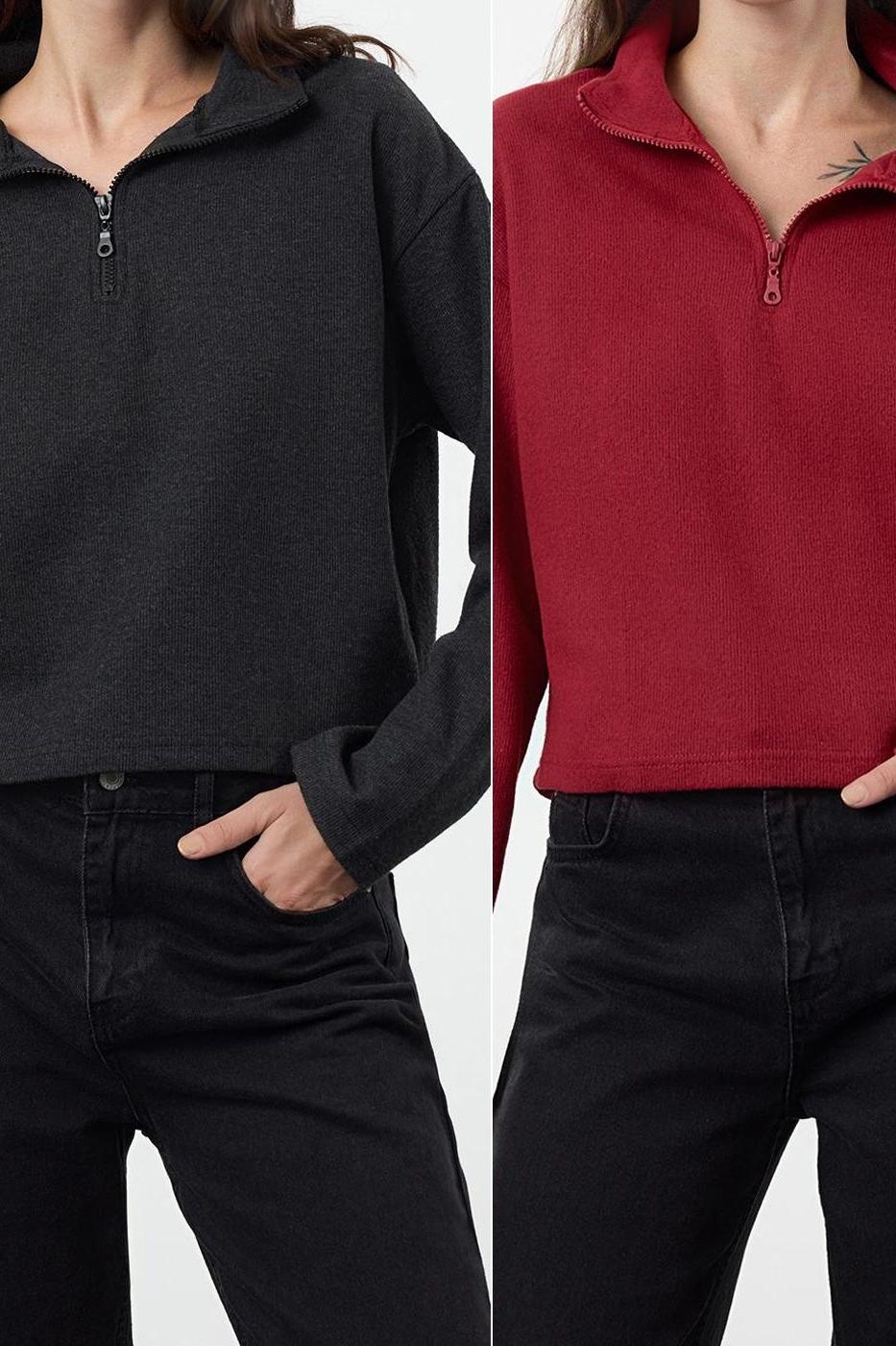 Fermuarlı Yaka Düşük Kol 2Li Paket Selanik Normal Kalıp Fermuarlı Yaka Örme Sweatshirt