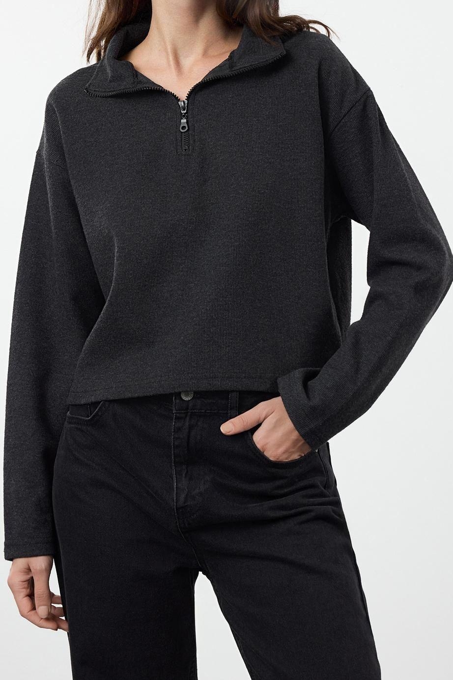 Fermuarlı Yaka Düşük Kol 2Li Paket Selanik Normal Kalıp Fermuarlı Yaka Örme Sweatshirt