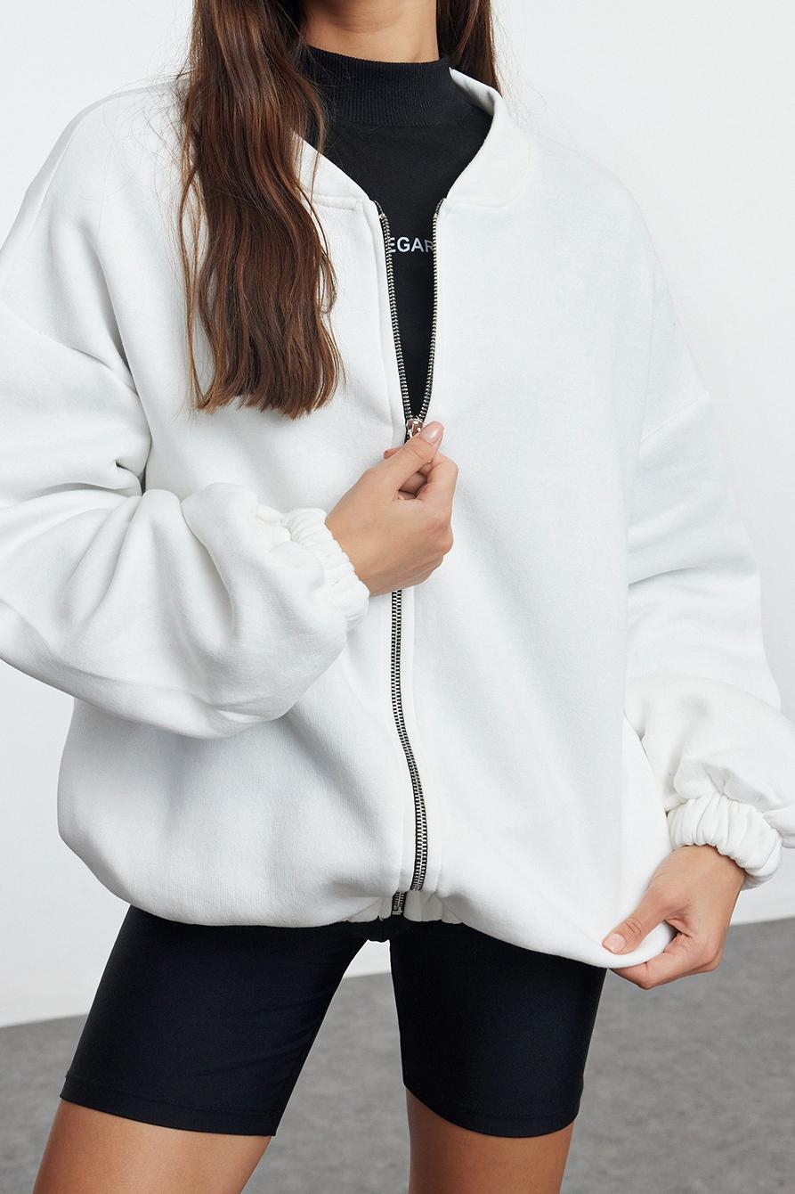 Oversize Bisiklet Yaka Düşük Kol Uzun Fermuarlı Geniş Kalıp Kalın İçi Polarlı Örme Sweatshirt