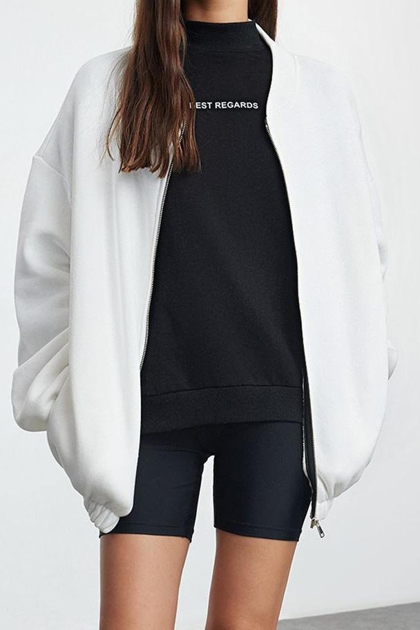 Oversize Bisiklet Yaka Düşük Kol Uzun Fermuarlı Geniş Kalıp Kalın İçi Polarlı Örme Sweatshirt