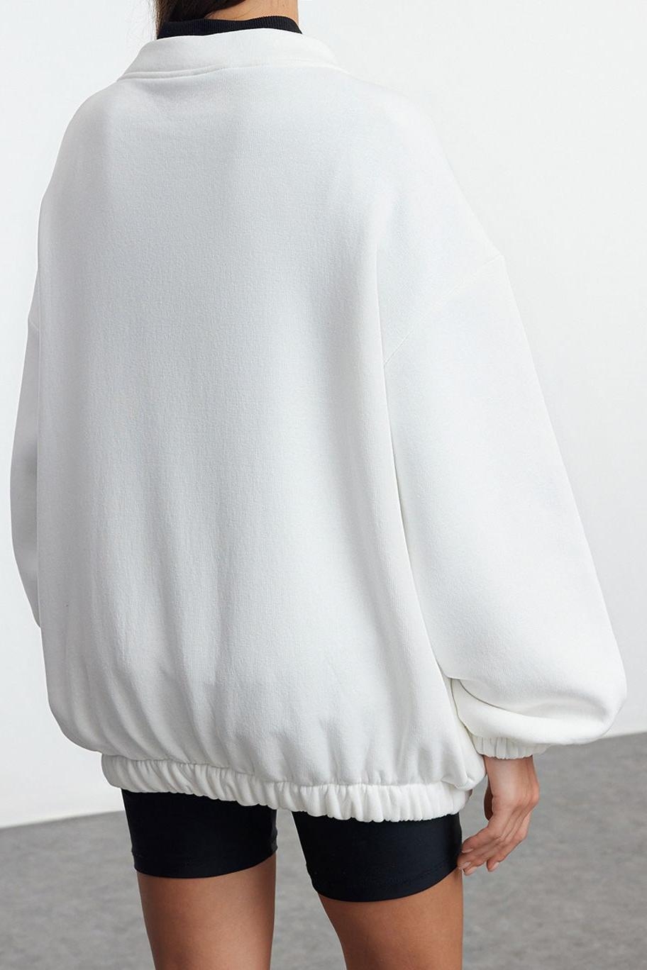 Oversize Bisiklet Yaka Düşük Kol Uzun Fermuarlı Geniş Kalıp Kalın İçi Polarlı Örme Sweatshirt