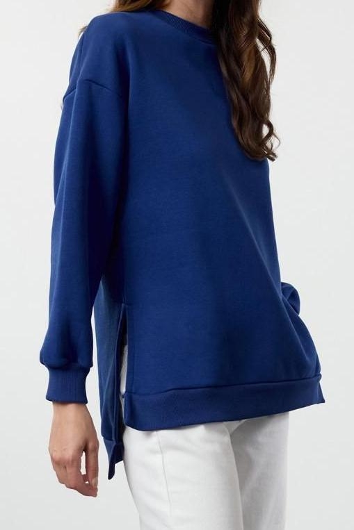 Oversize Bisiklet Yaka Düşük Kol Uzun Geniş Kalıp Yırtmaç Kalın İçi Polarlı Örme Sweatshirt
