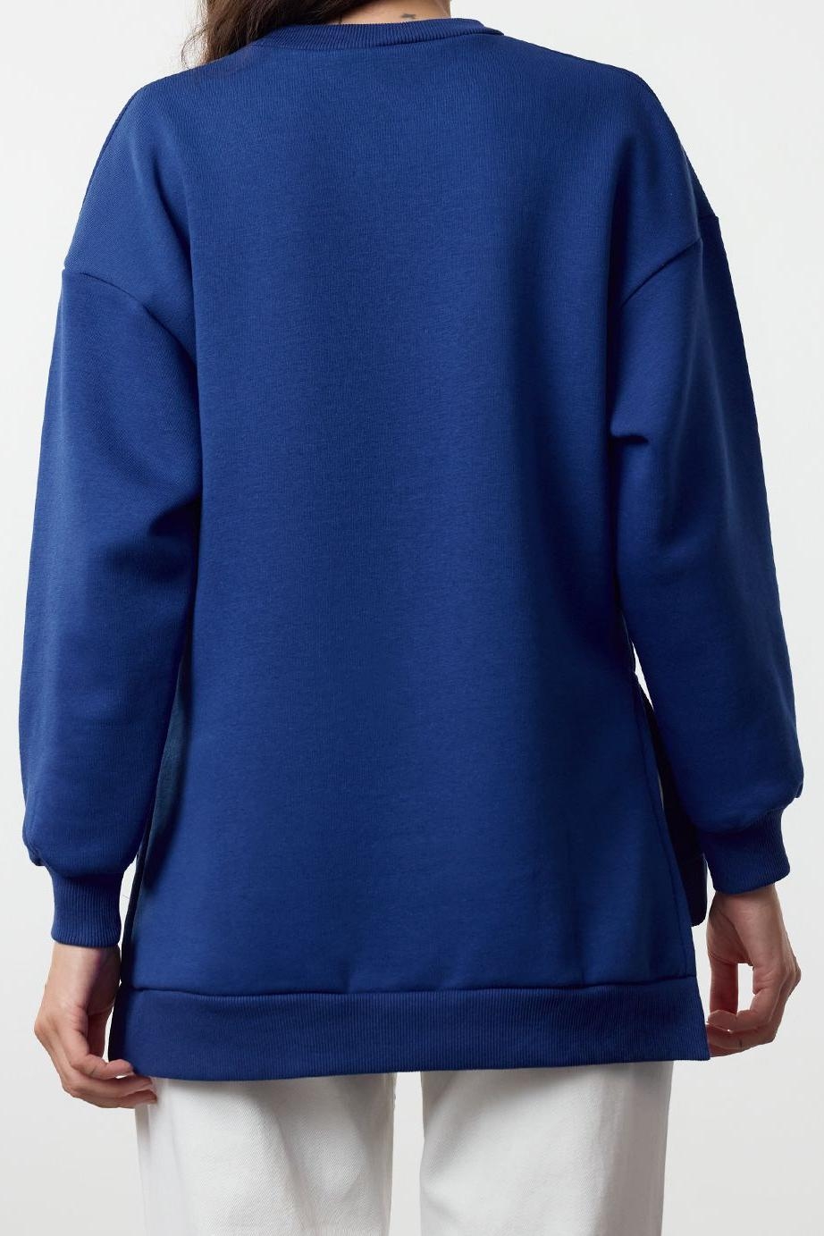 Oversize Bisiklet Yaka Düşük Kol Uzun Geniş Kalıp Yırtmaç Kalın İçi Polarlı Örme Sweatshirt