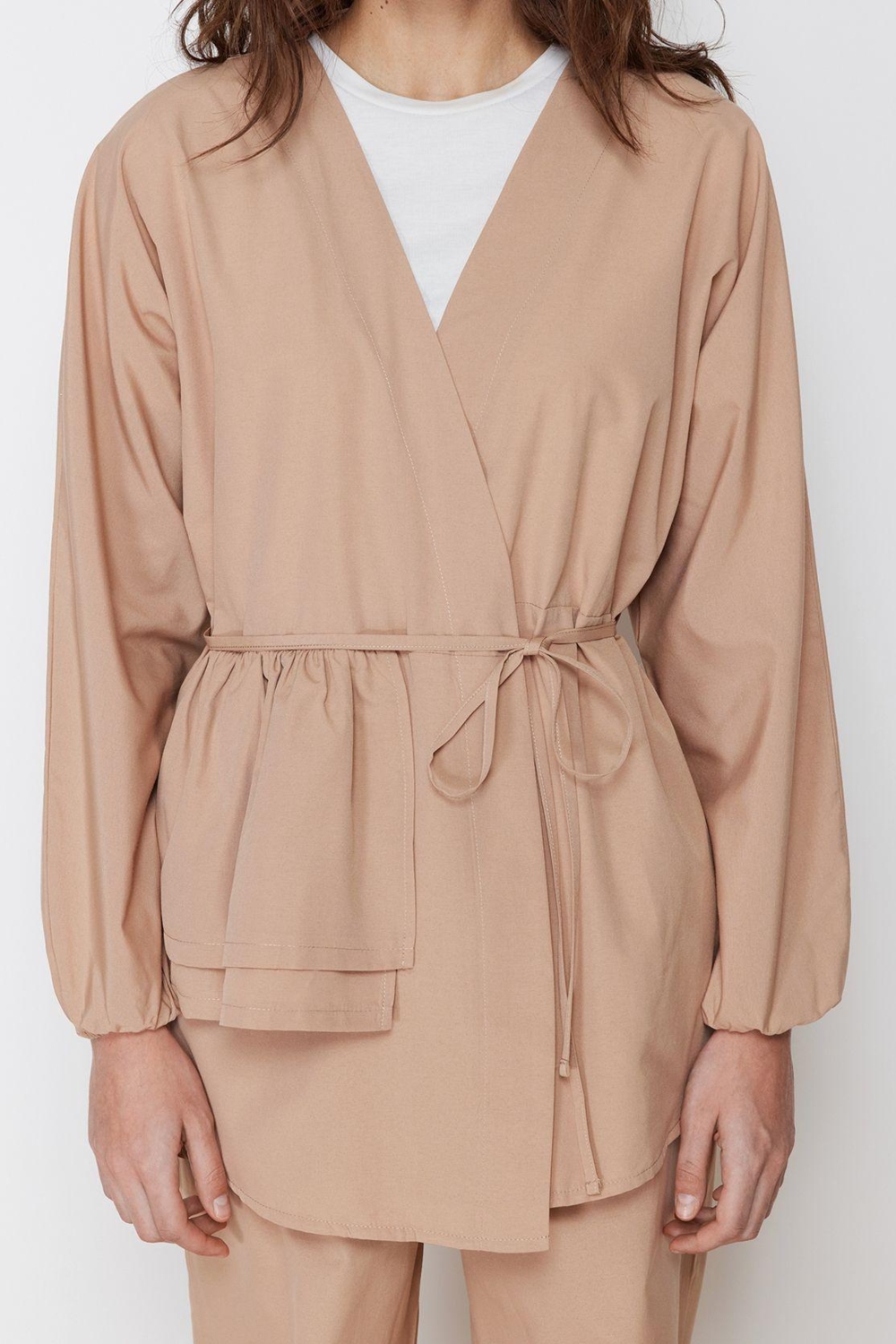 Tarz Kadın Modern Moda Normal Bel Boru Paça V Yaka Pamuklu Dokuma Kimono Pantolon Alt Üst Takım