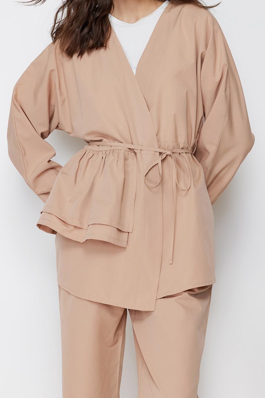 Tarz Kadın Modern Moda Normal Bel Boru Paça V Yaka Pamuklu Dokuma Kimono Pantolon Alt Üst Takım